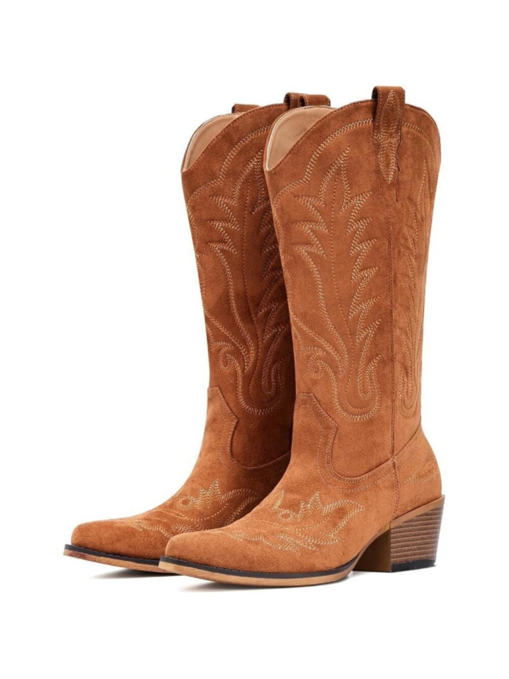 Women's Mid Calf Cowgirl Boots Suede Embroidery Block Heeled Western Boot Brown